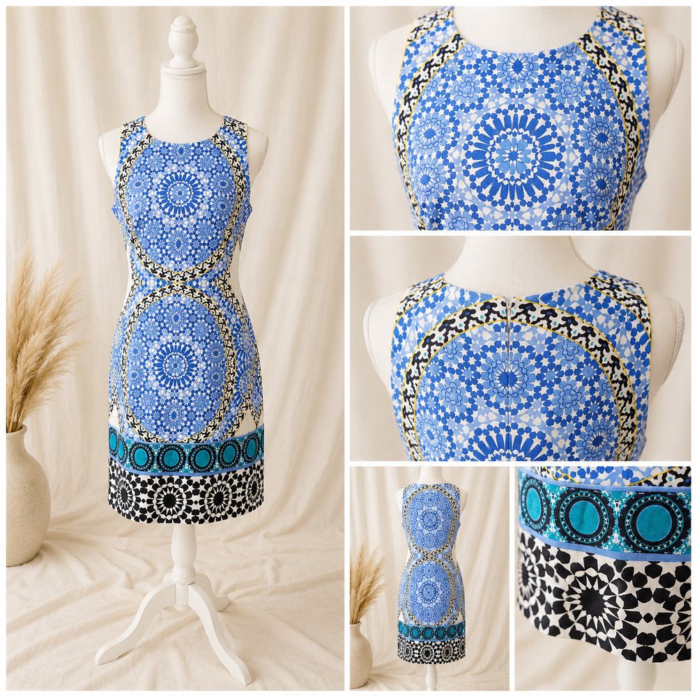 London Times Size 4 Tile Print Sheath Dress Mediterranean Resort Old Money